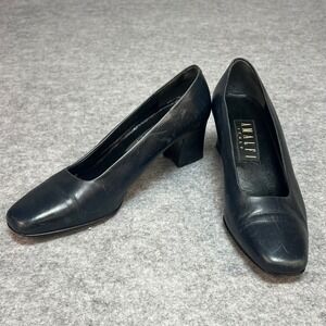 Amalfi Italy Navy Blue Leather Square Toe Block Heel Pumps Career Women Size 7.5